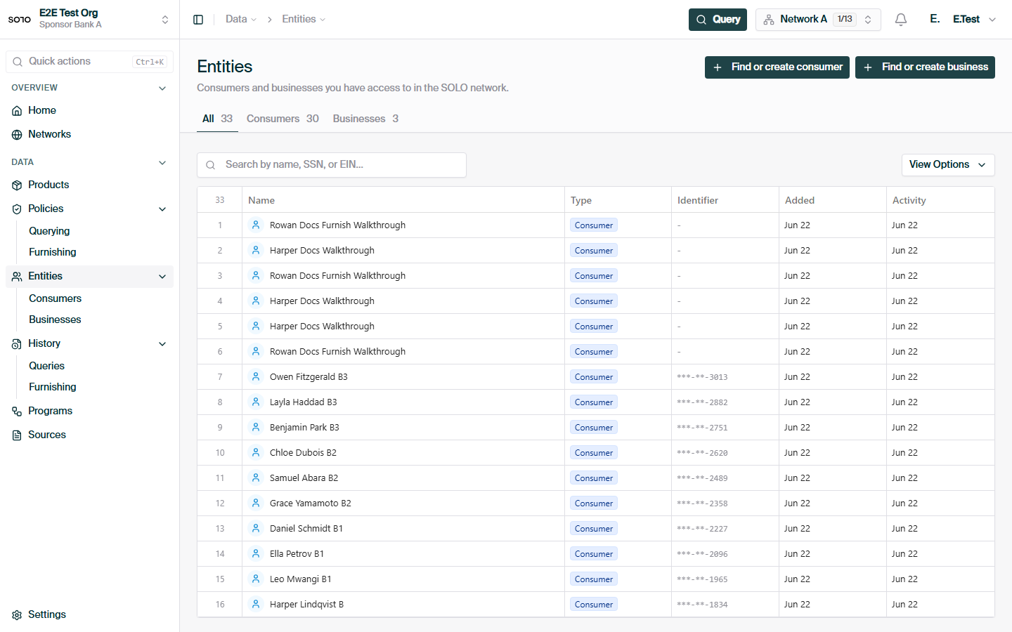 Entities hub — All tab