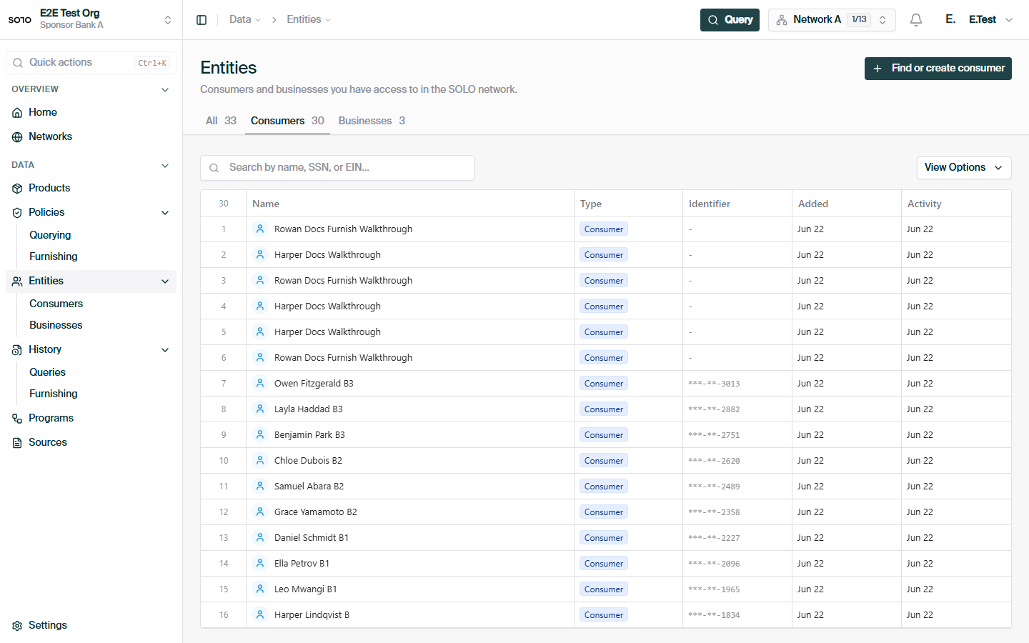Entities hub — Consumers tab