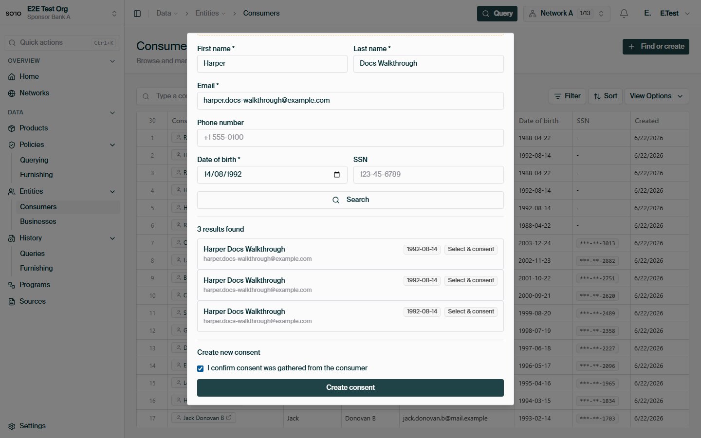 Find or create consumer — ready to submit
