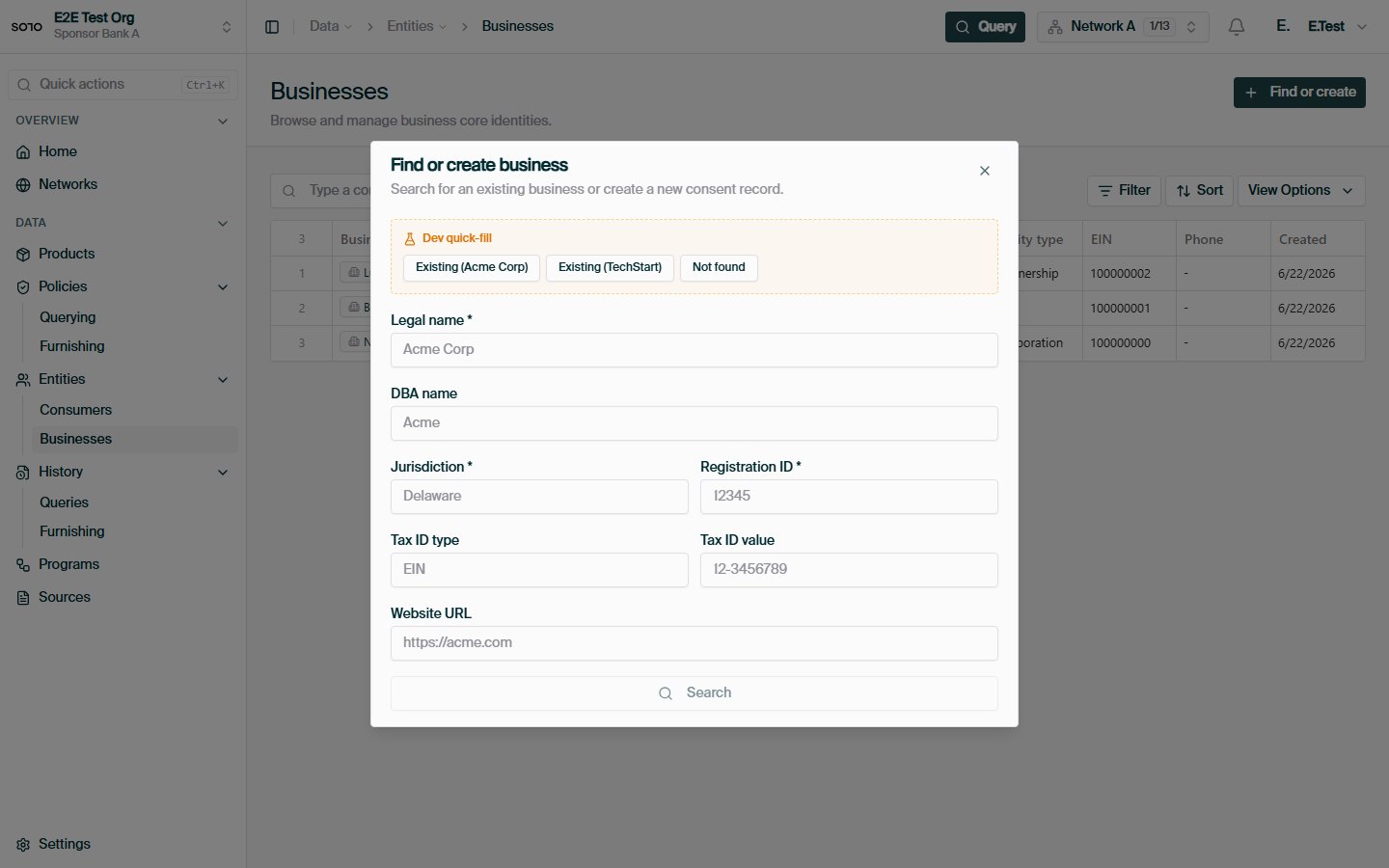 Find or create business dialog
