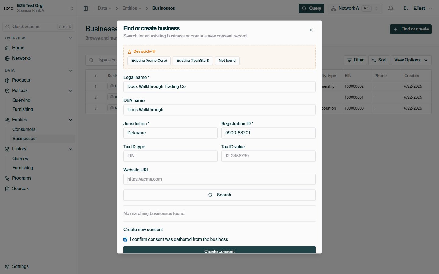 Find or create business — ready to submit