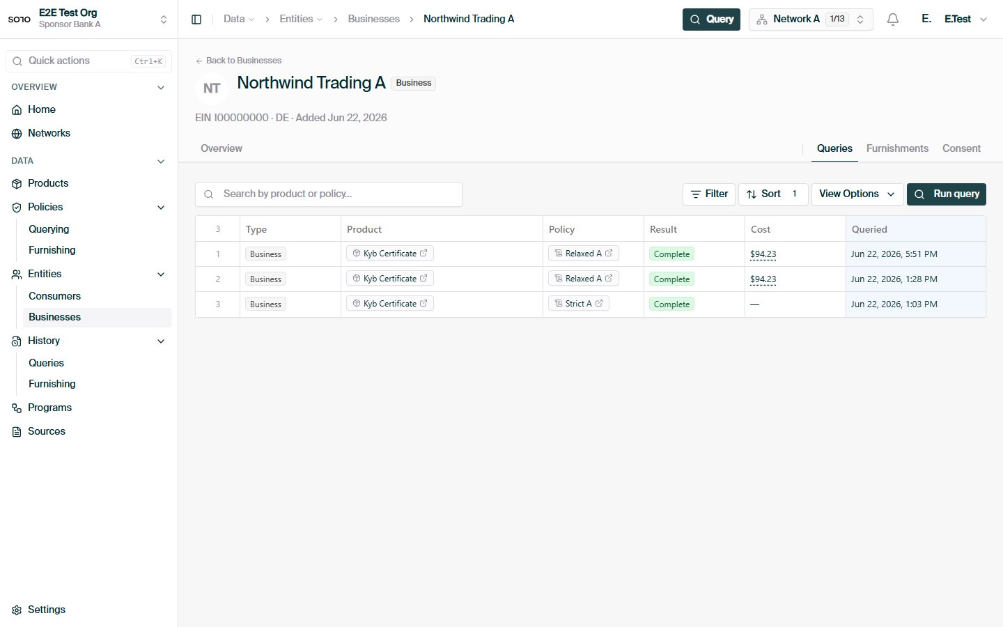 Business — query history tab