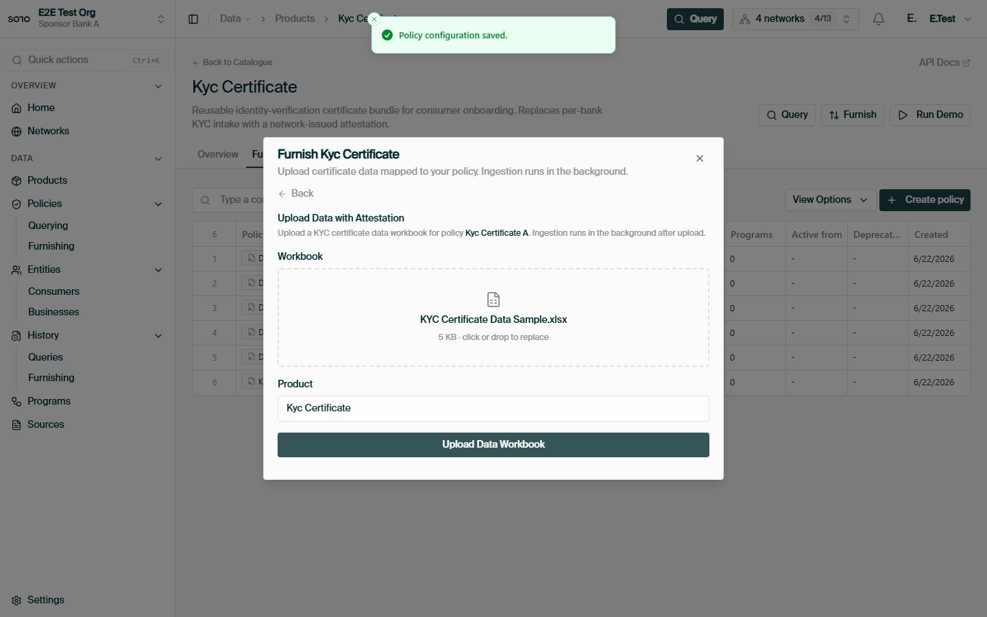 Product furnish onboarding — KYC data workbook ready to upload