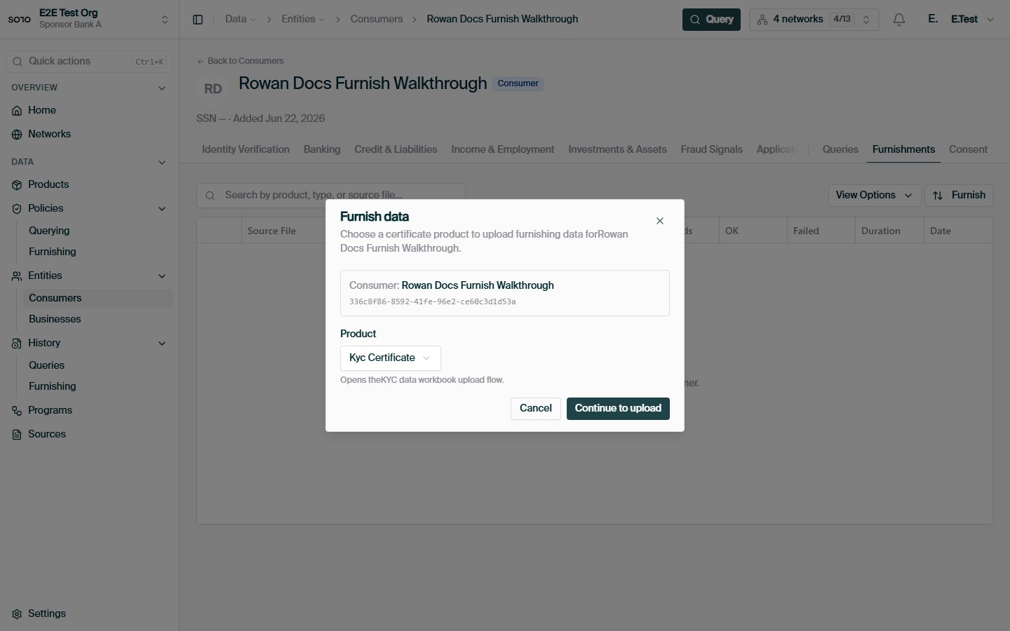 Entity furnish — KYC product selected