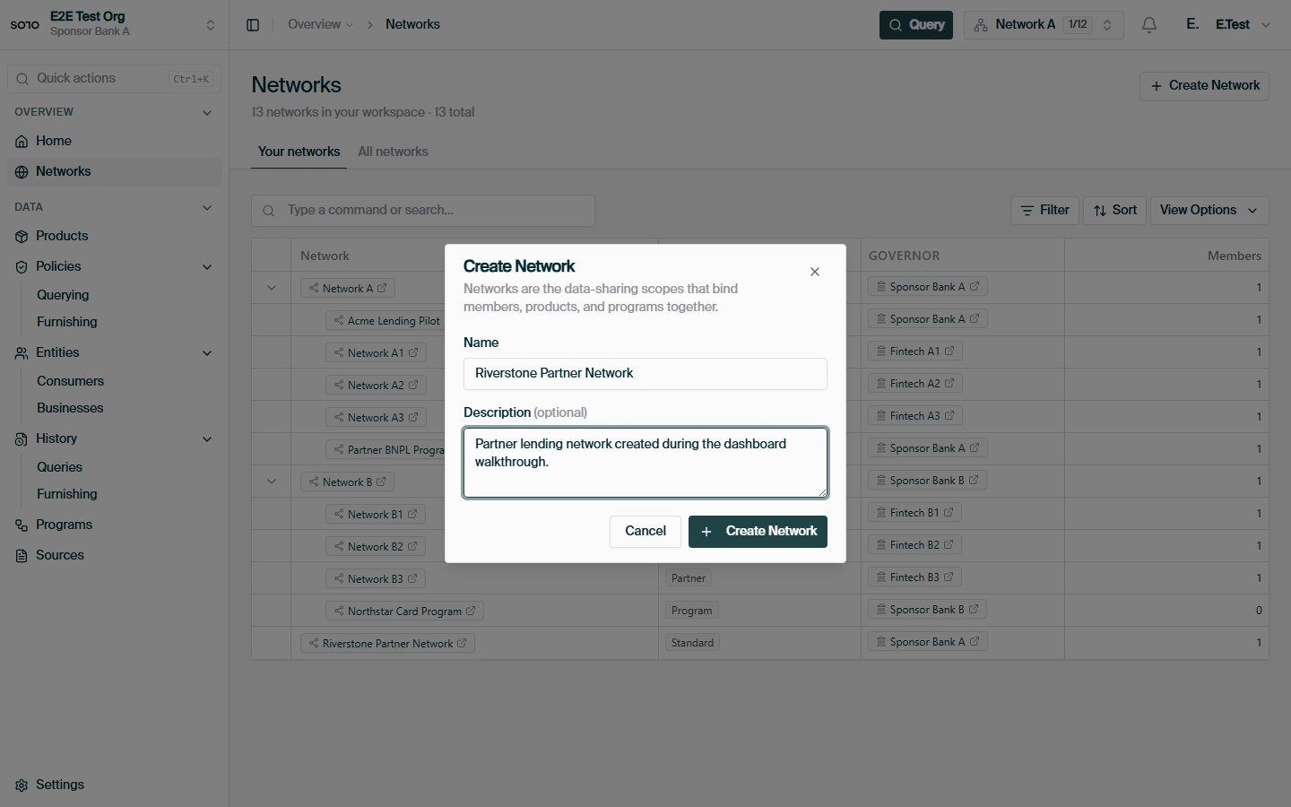 Create network — review and submit