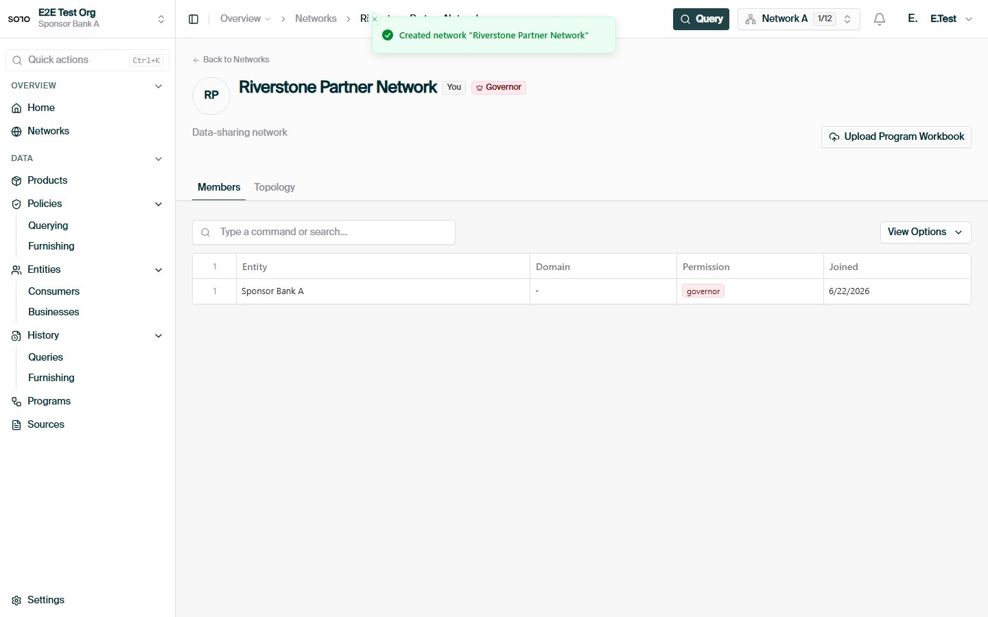 Network created — detail page with new network