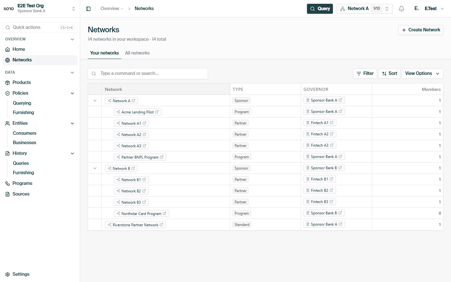 Networks list — newly created network visible