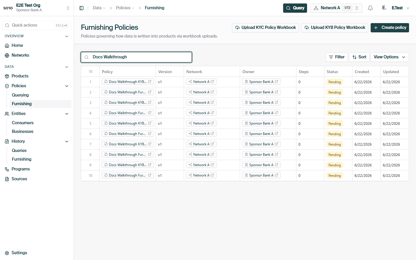 Furnishing policies list — KYC and KYB policies visible