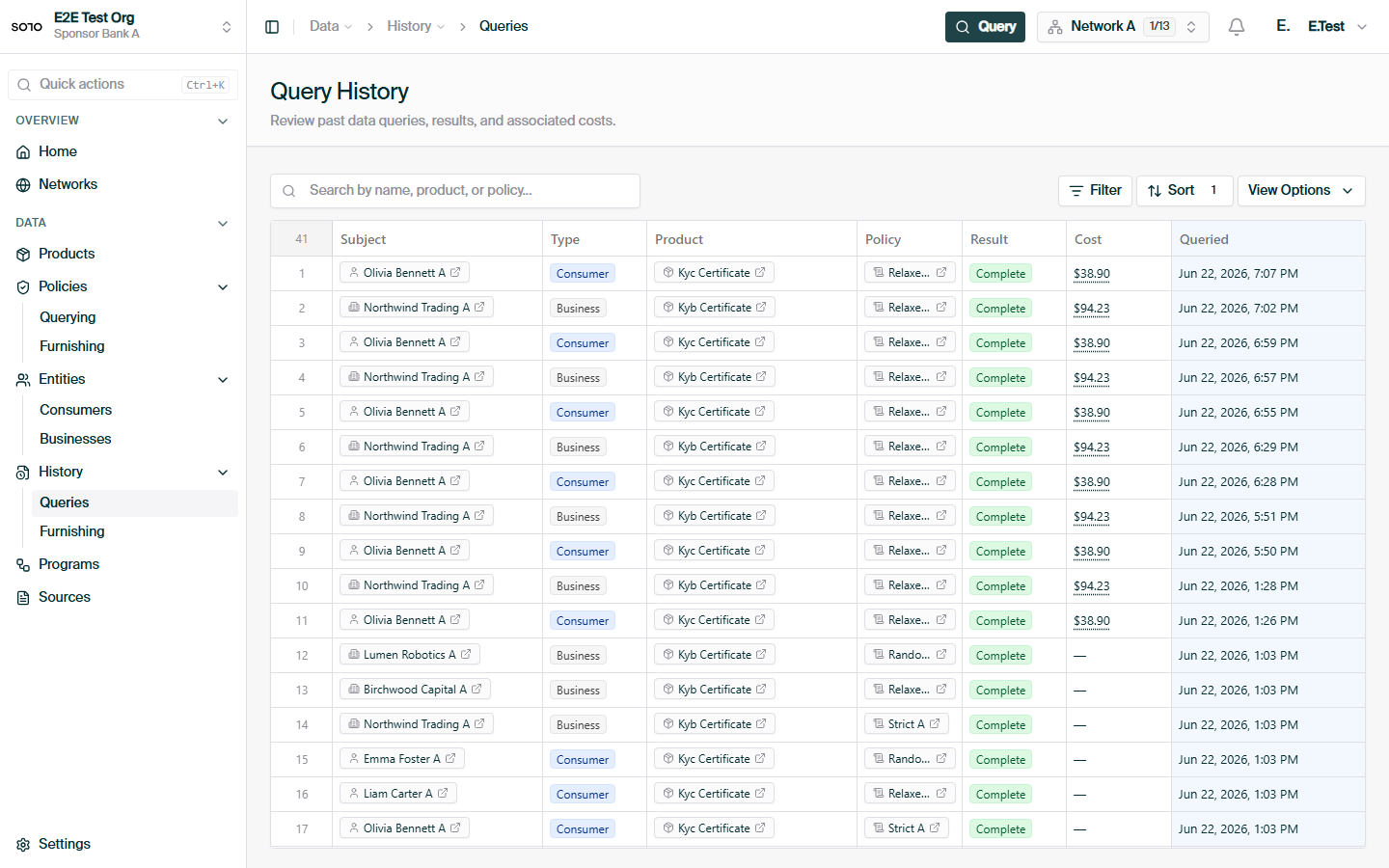 Query history list — recent consumer query