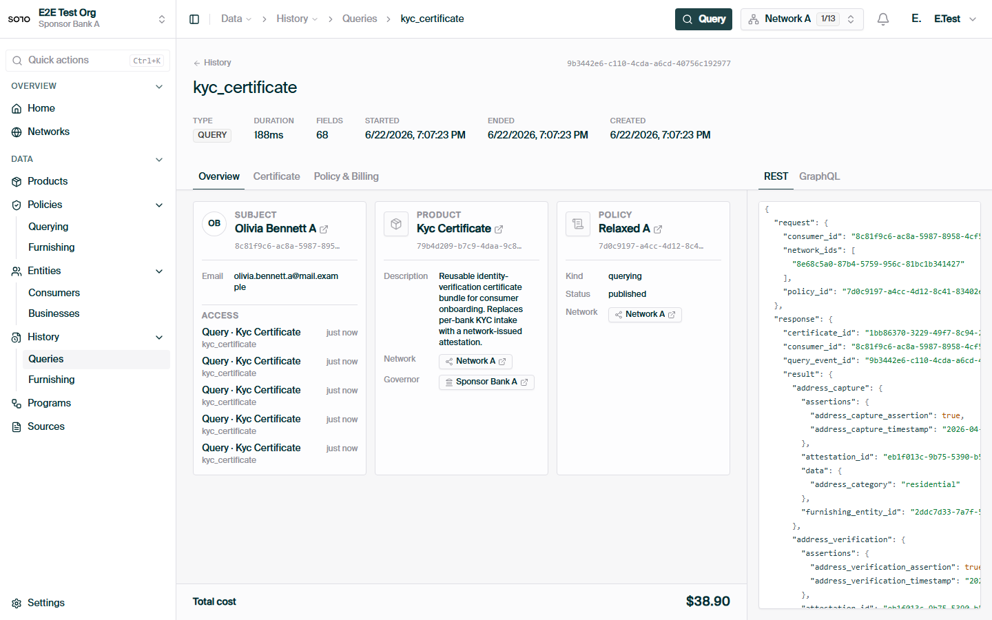 Query history — consumer KYC run detail opened from list