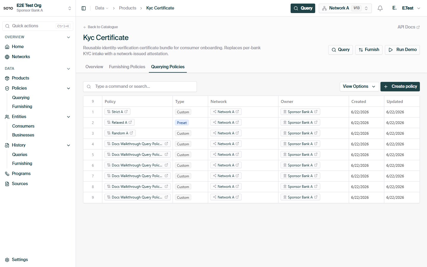 KYC product detail — Querying Policies tab