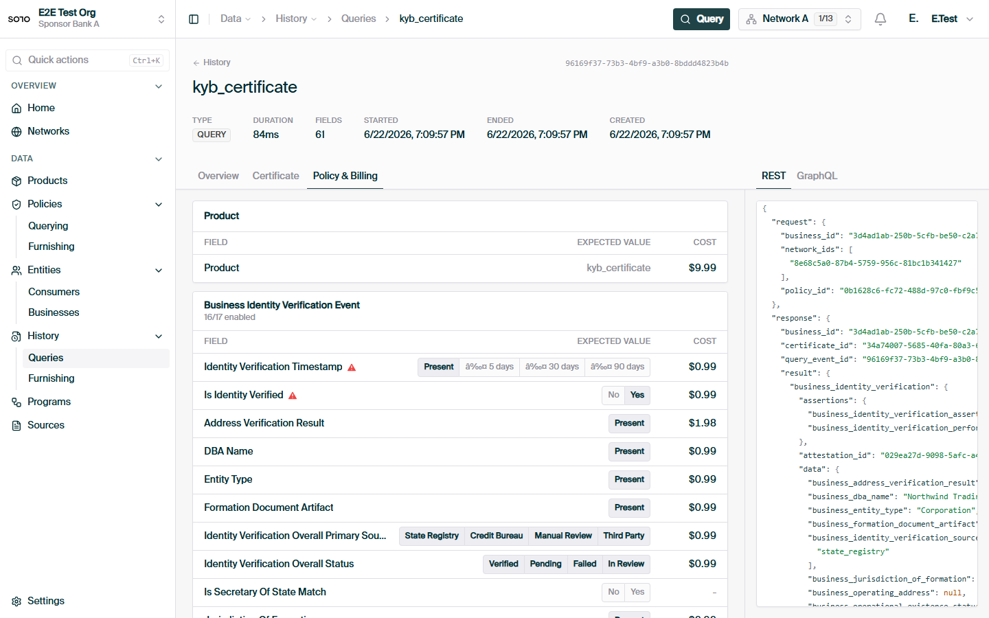 Business KYB query — REST response payload