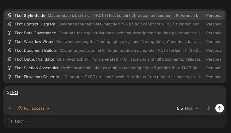 Danh sách TKCT Skills hiện ra khi gõ $tkct