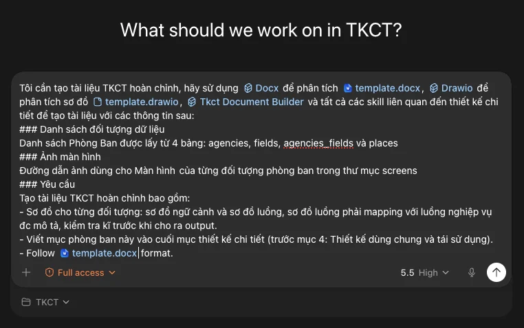 Dán prompt kèm skill và file vào khung chat Codex