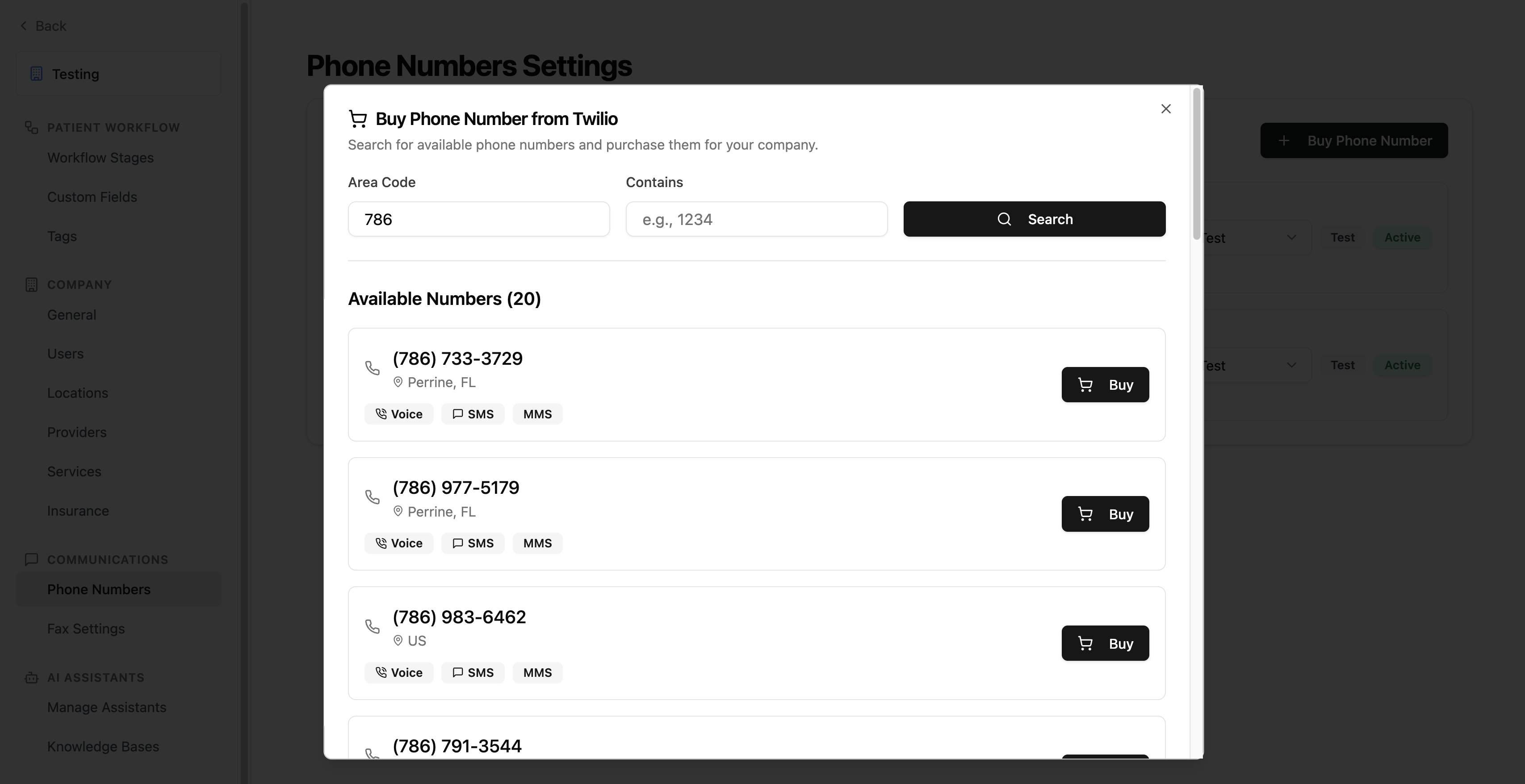 Phone number search dialog showing area code and contains filters with available numbers