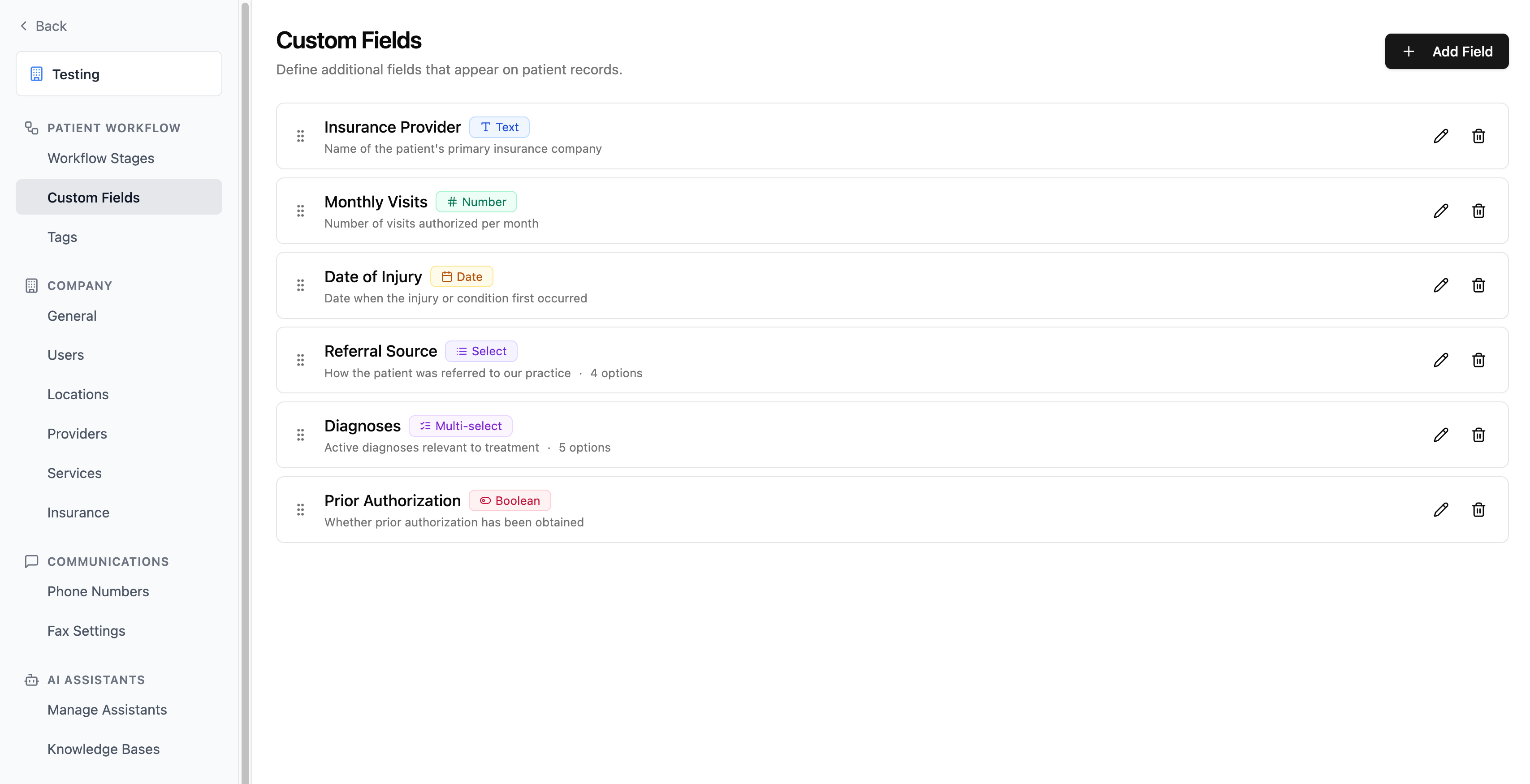 Custom Fields list