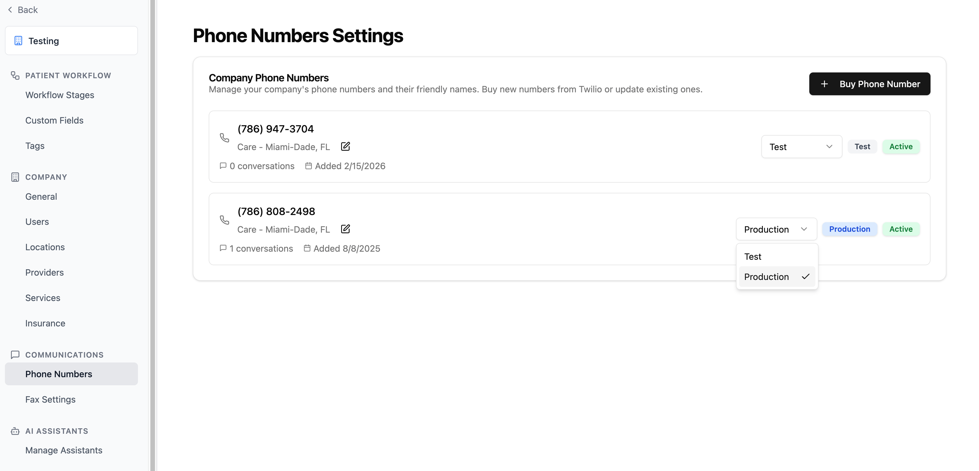 Phone number list showing type dropdown and status badges