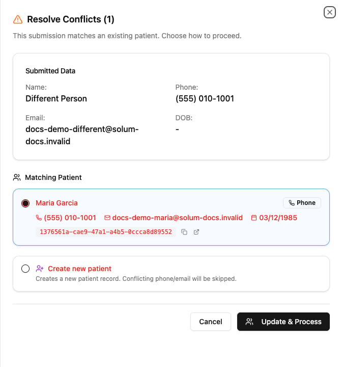 Resolve Conflicts dialog showing the submitted data and the matching patient