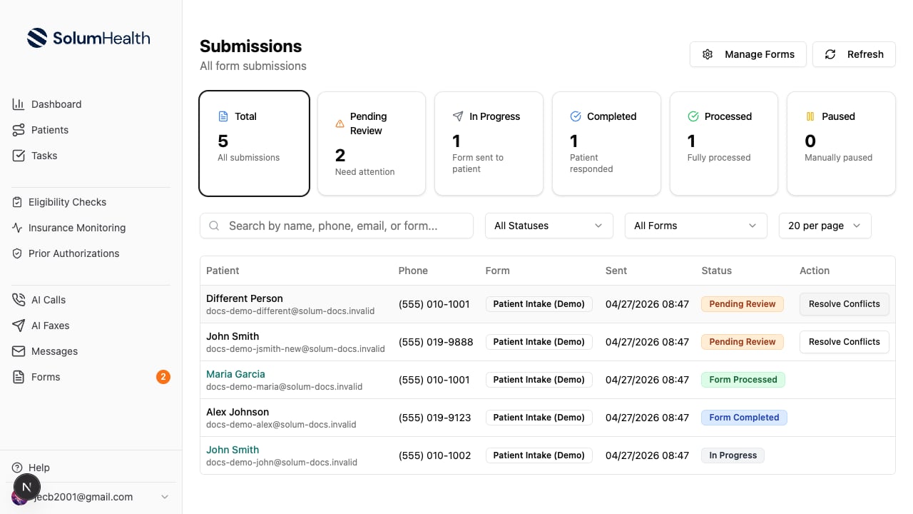 Submissions list with stats and recent submissions