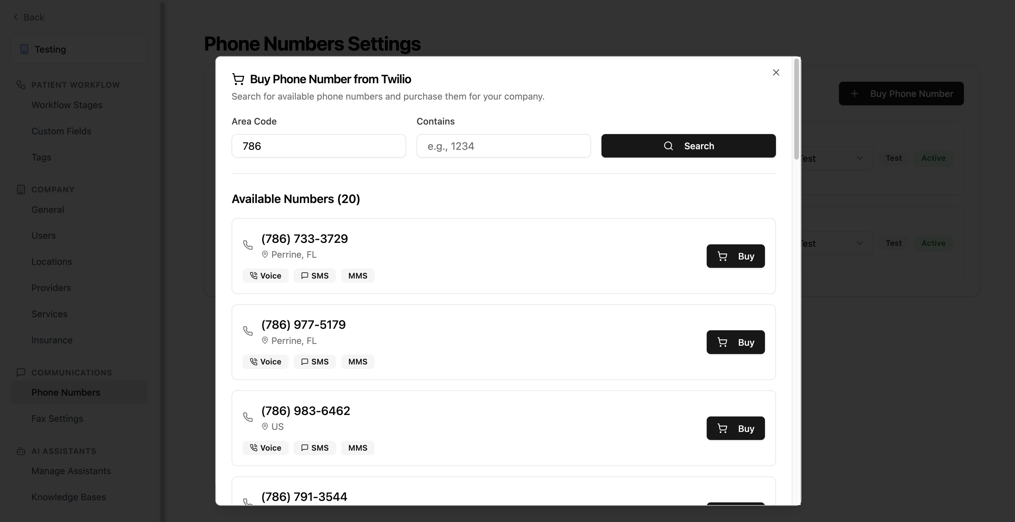 Phone number search dialog showing area code and contains filters with available numbers