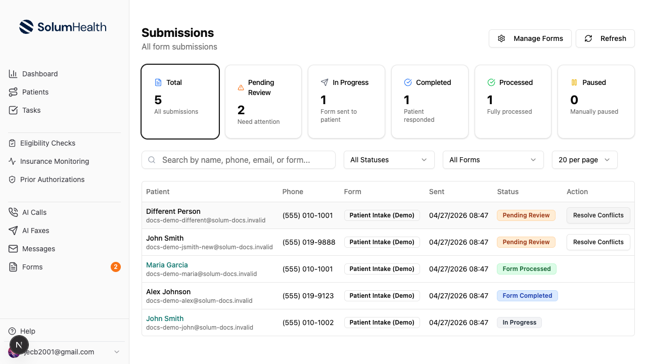 Submissions list with stats and recent submissions