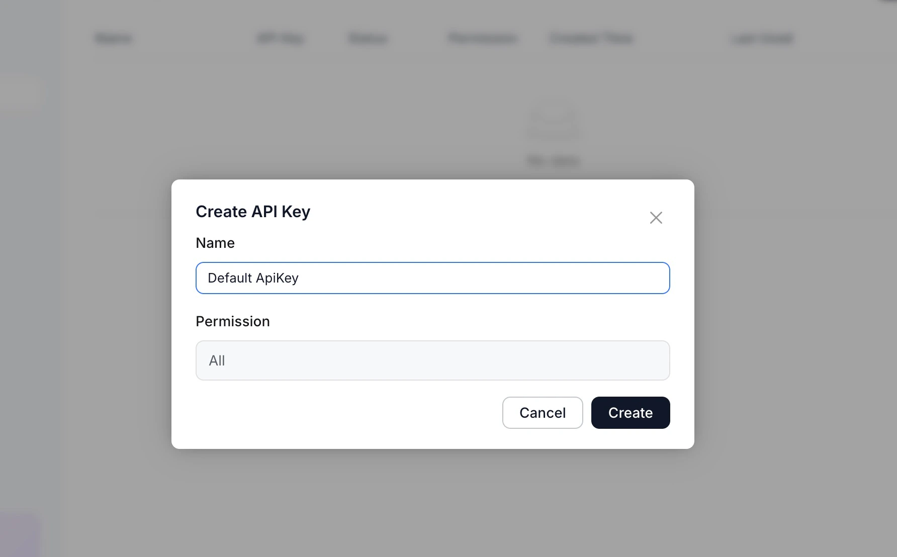 Create API key confirmation dialog