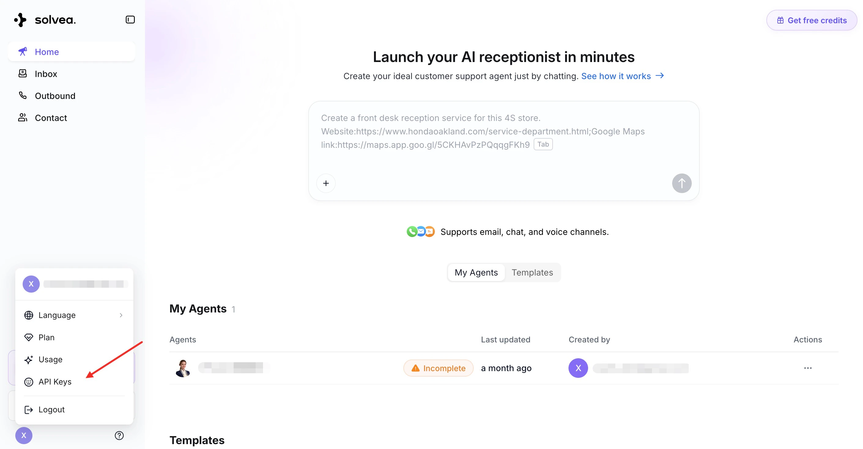 API Keys entry in the sidebar