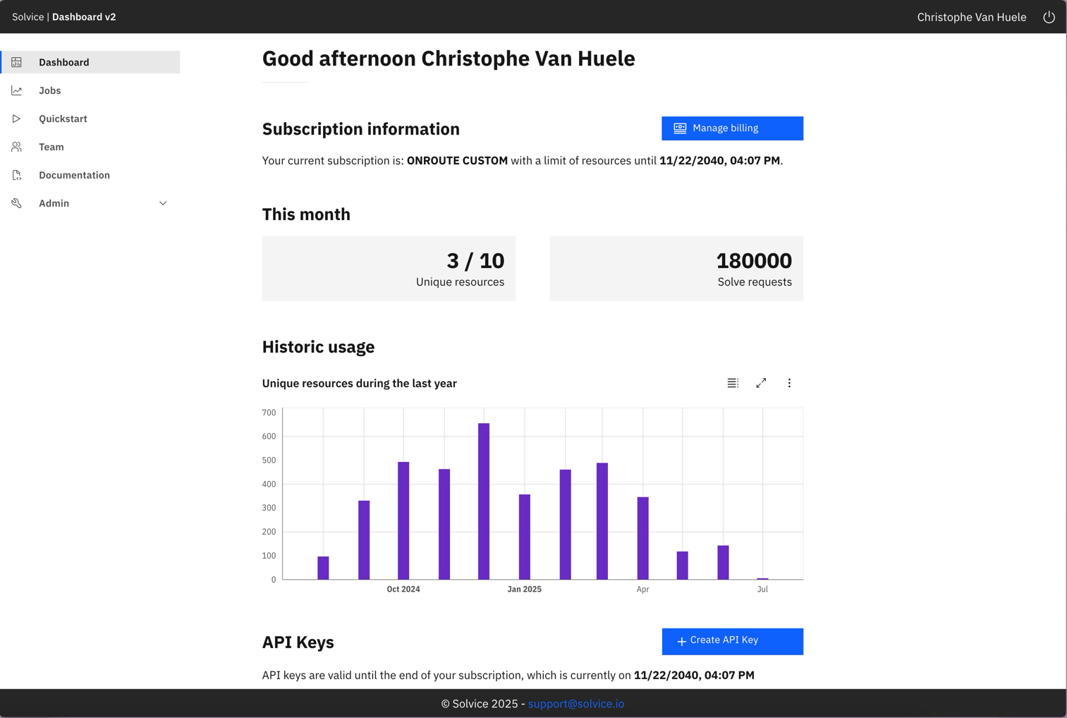 Solvice Dashboard API Keys management interface showing the Create API Key button