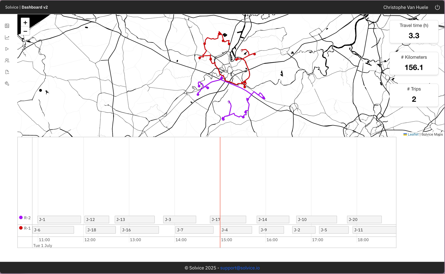 Solvice Dashboard showing optimization job monitoring and analytics