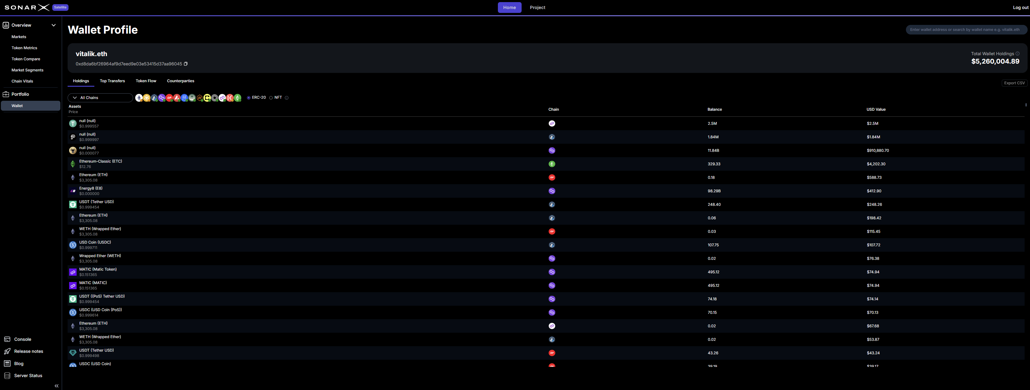 Satellite Wallet page