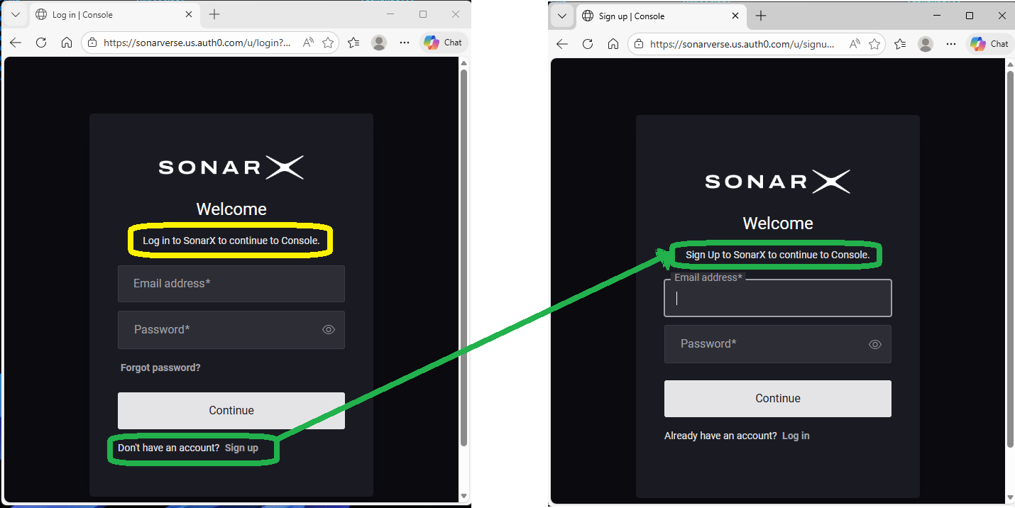 Sonar X Console Sign Up Form