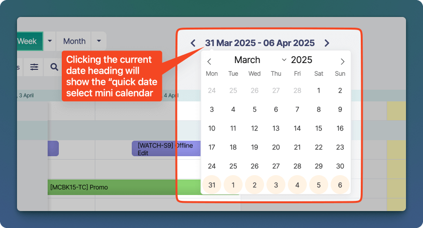 Sonderplan quick date select mini calendar on the Schedule