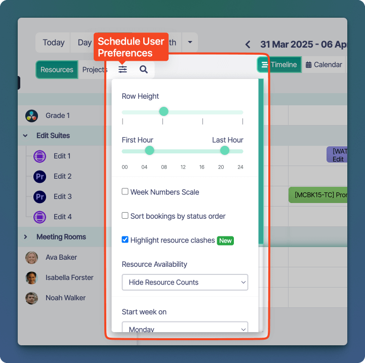 Schedule User Prefences Menu
