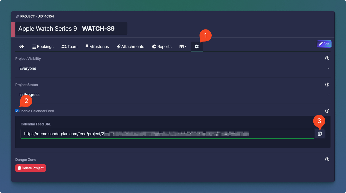 Erstellen eines Projekt-Kalender-Feeds auf der Projekt-Einstellungsseite
