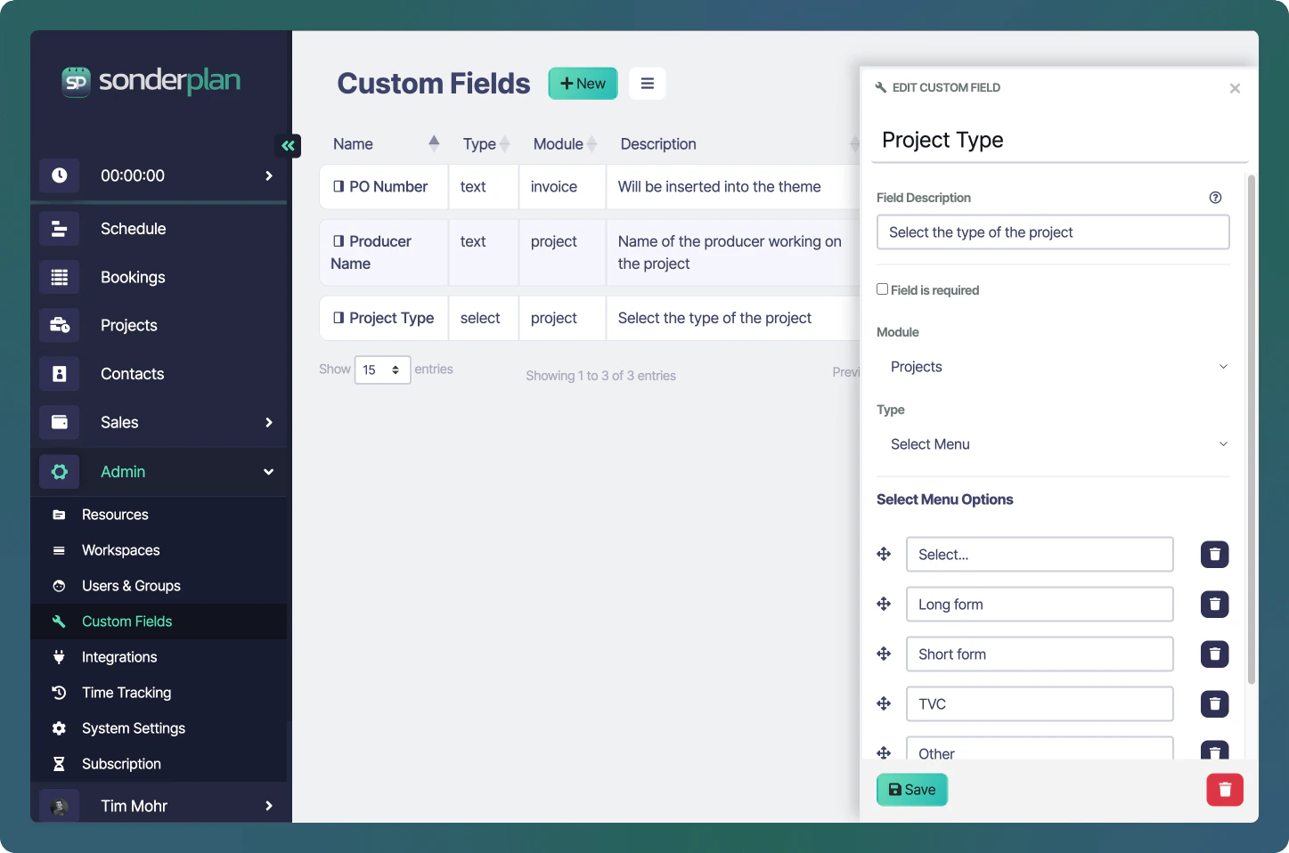 Sonderplan custom fields administration panel screenshot