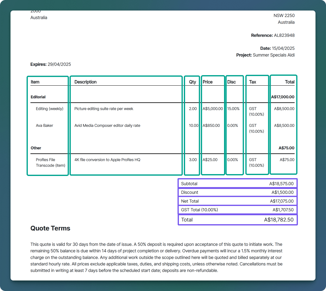 Sonderplan Customise visible item columns and rows