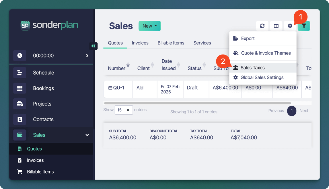 Sonderplan Verkaufssteuern Menü