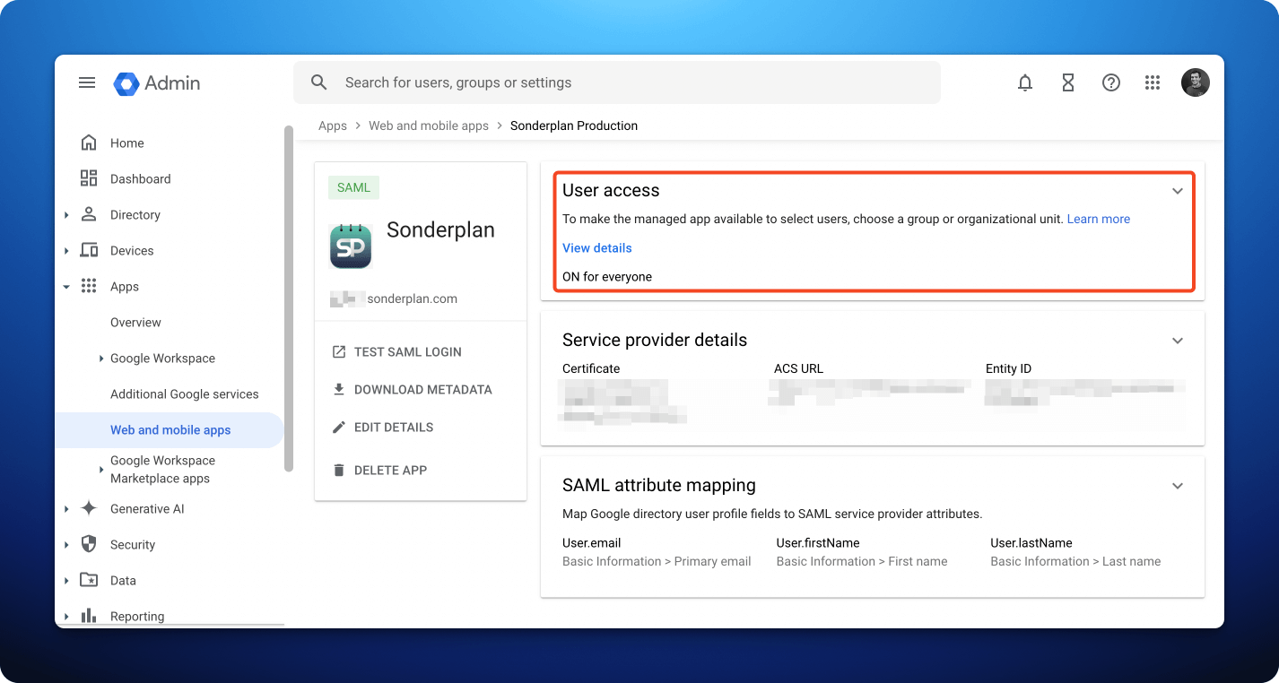 Google Workspace Admin Console SAML app user access