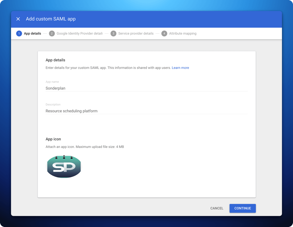 Google Workspace Admin Console SAML setup page 1 screenshot