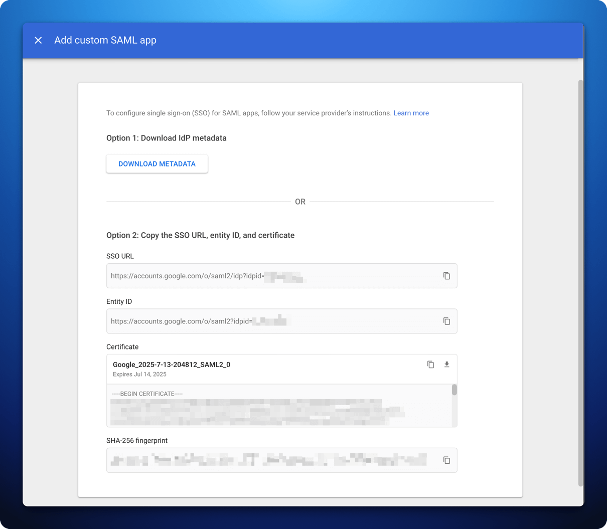 Google Workspace Admin Console SAML setup page 2 screenshot