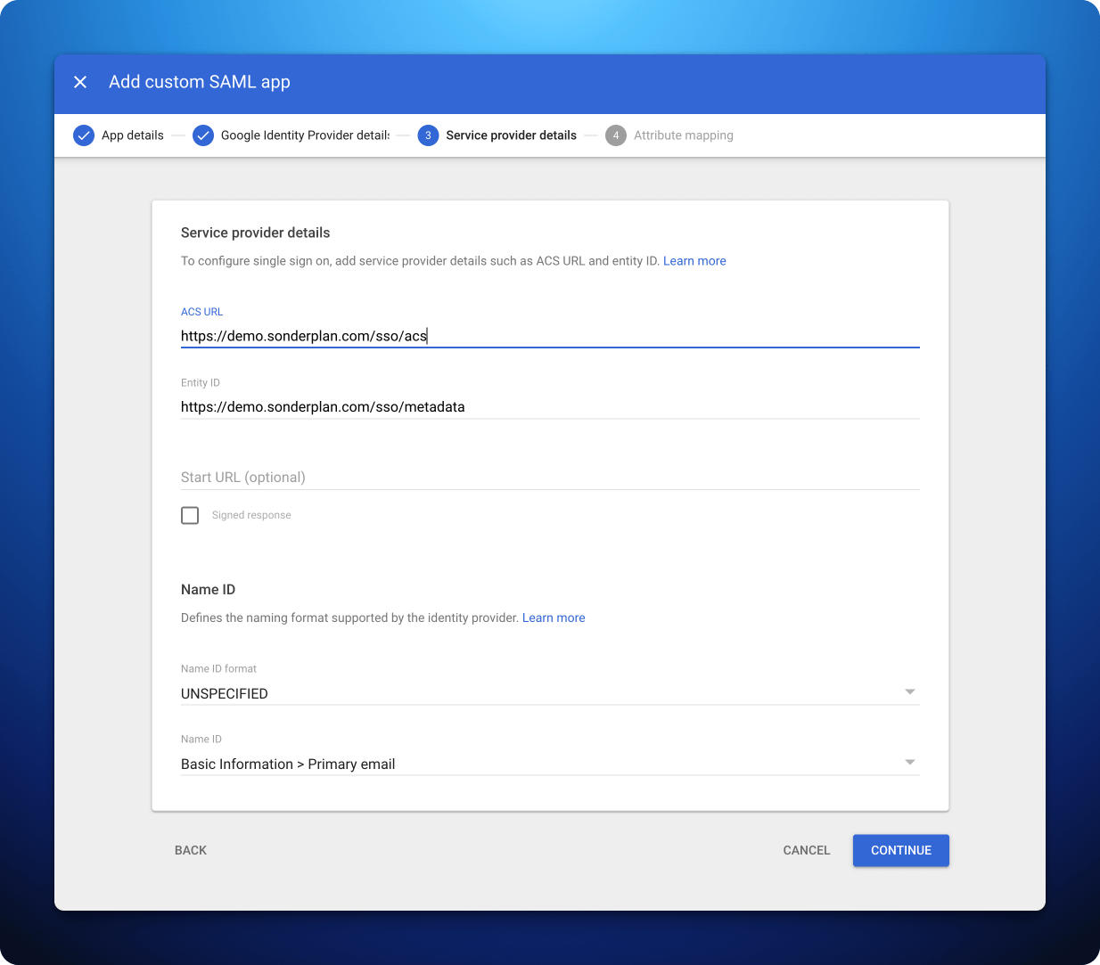 Google Workspace Admin Console SAML setup page 3 screenshot