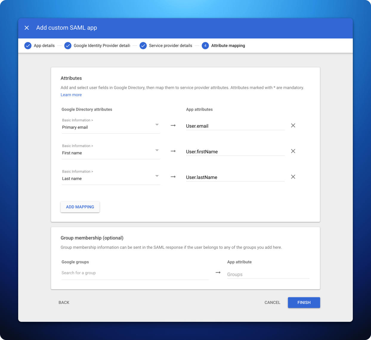 Google Workspace Admin Console SAML setup page 4 screenshot