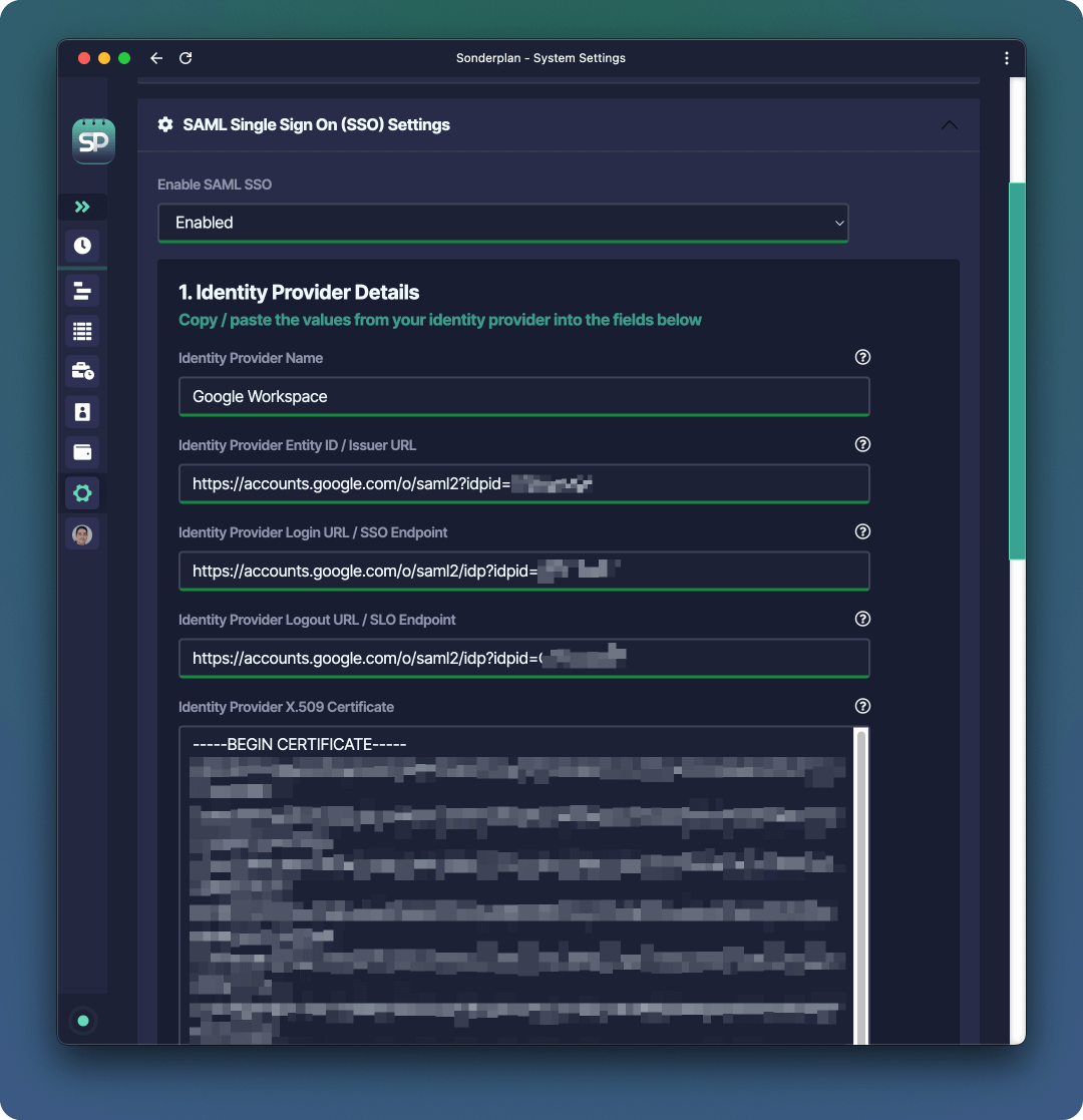 Sonderplan SAML IDP Settings screenshot