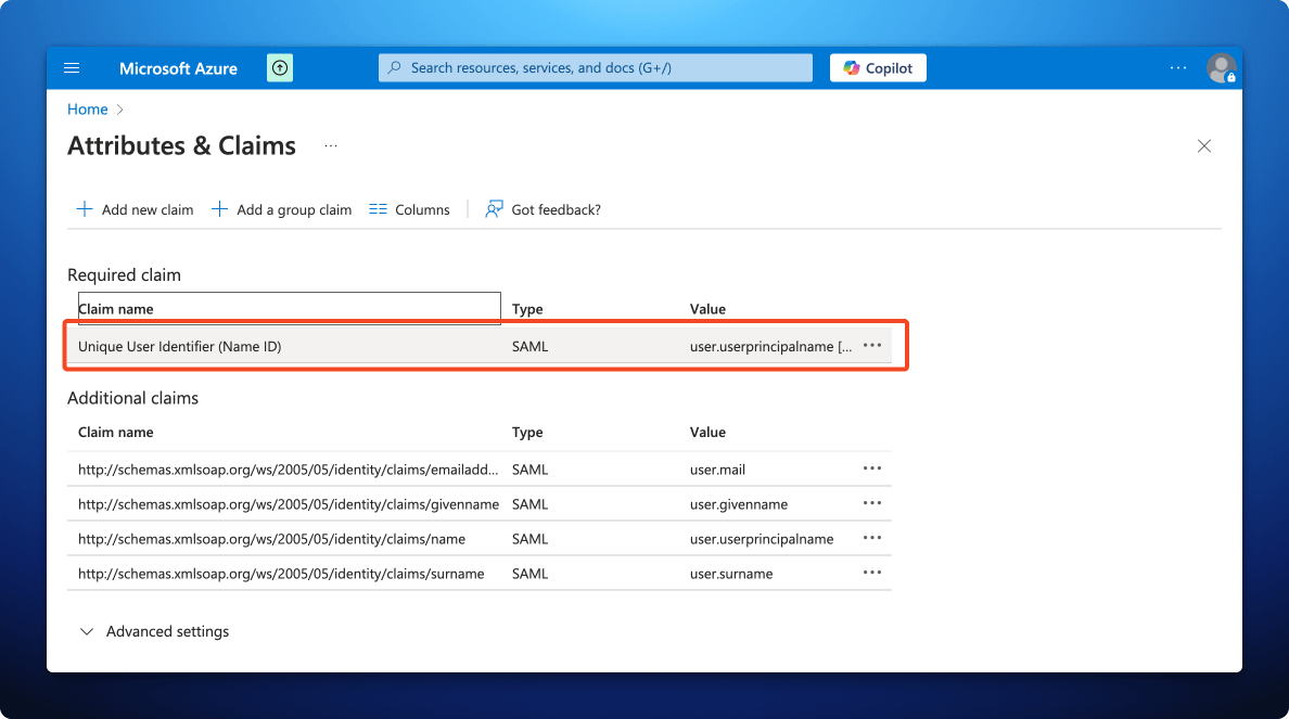 Microsoft Azure Portal configure saml sso