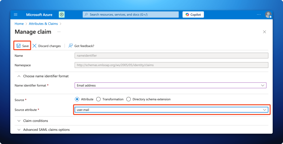 Microsoft Azure Portal configure saml sso