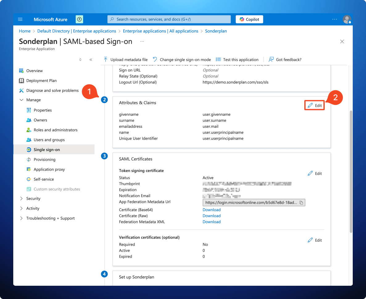 Microsoft Azure Portal configure saml sso