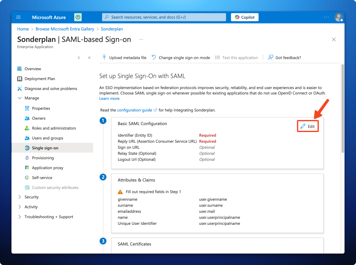 Microsoft Azure Portal configure saml step one