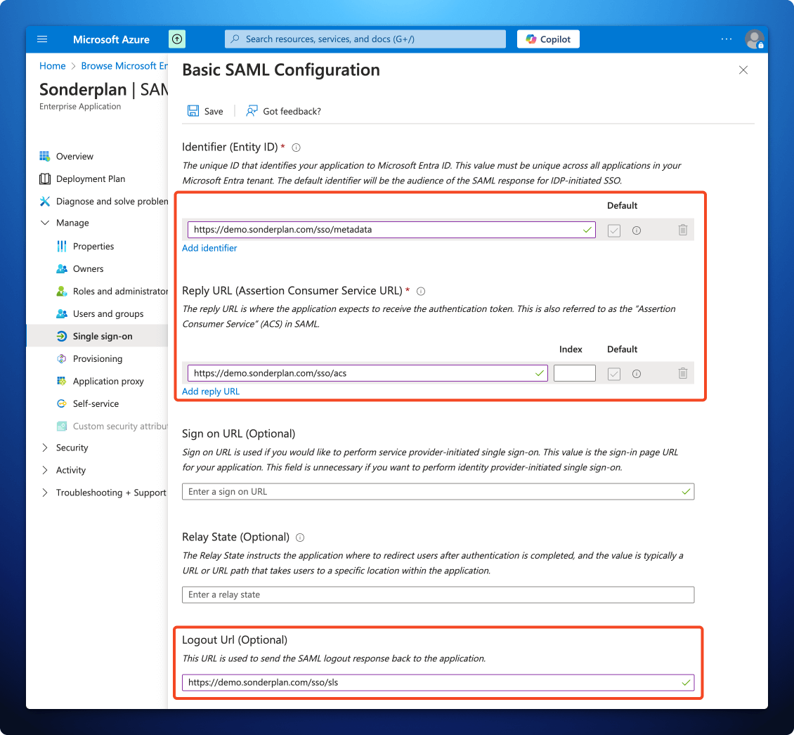 Microsoft Azure Portal configure saml step one