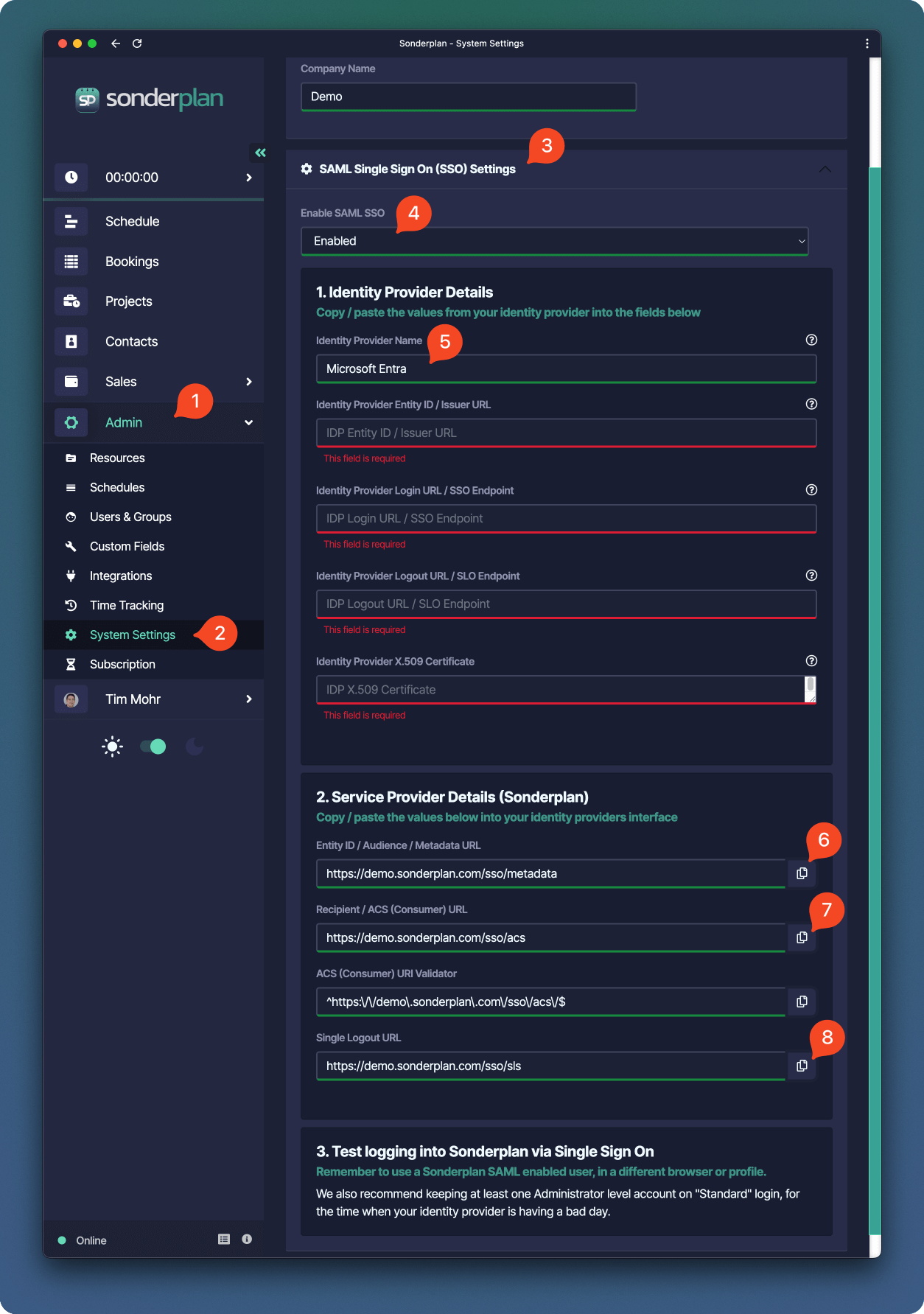 Sonderplan SAML SSO copy settings for identity provider