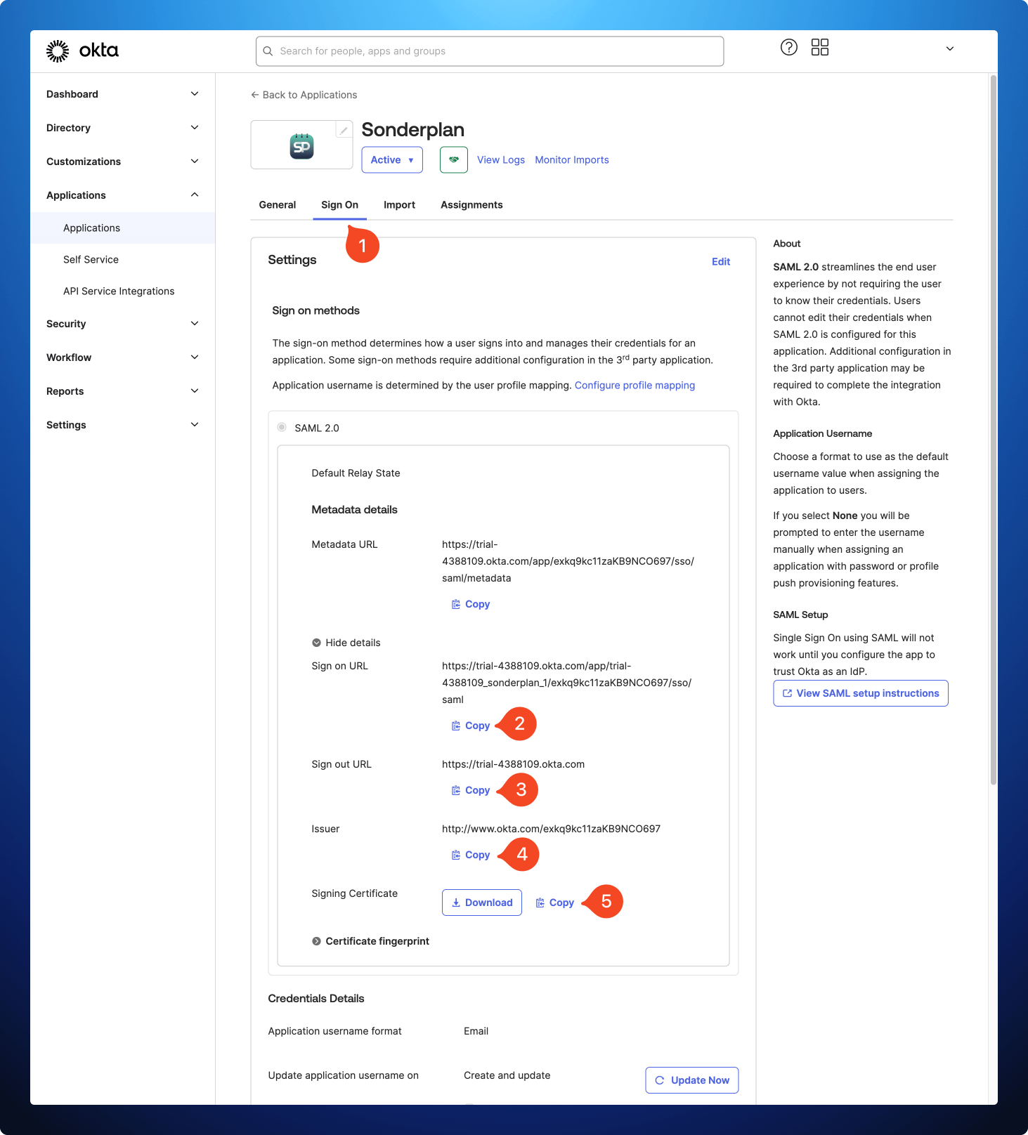 Okta Admin SAML copy idp settings screenshot
